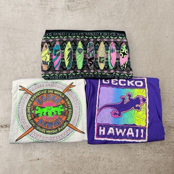 Lot Of 3 Vtg GECKO Hawaii Graphic Shirt Mens XL Rare Print AOP Bundle USA 90s